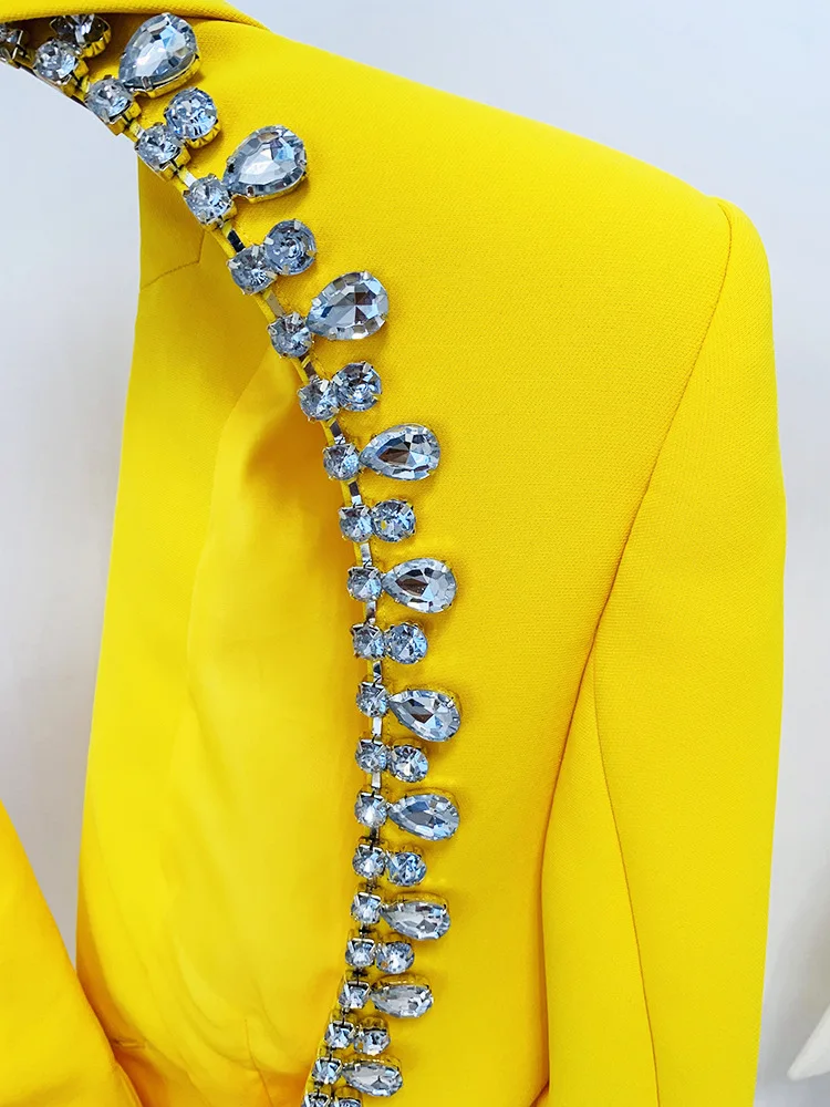 Yellow Backless Diamond Blazer Dress 2023 New Fashionable Personalized Open Back Bead Studded Mid Length Suit Coat Jacket Women