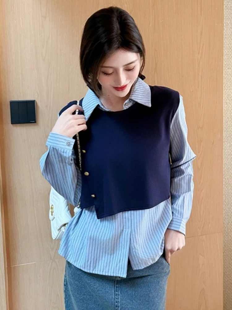 

College style vacation two striped long sleeved shirts for women's spring 2025 new design sense fashionable blue top