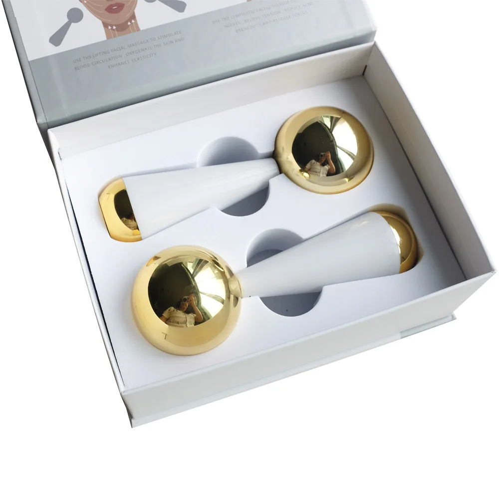 360 Rotating Gold Color Stainless Steel Ice Globes Cryo Sticks Ice Roller for Face Skin Cooling Massage