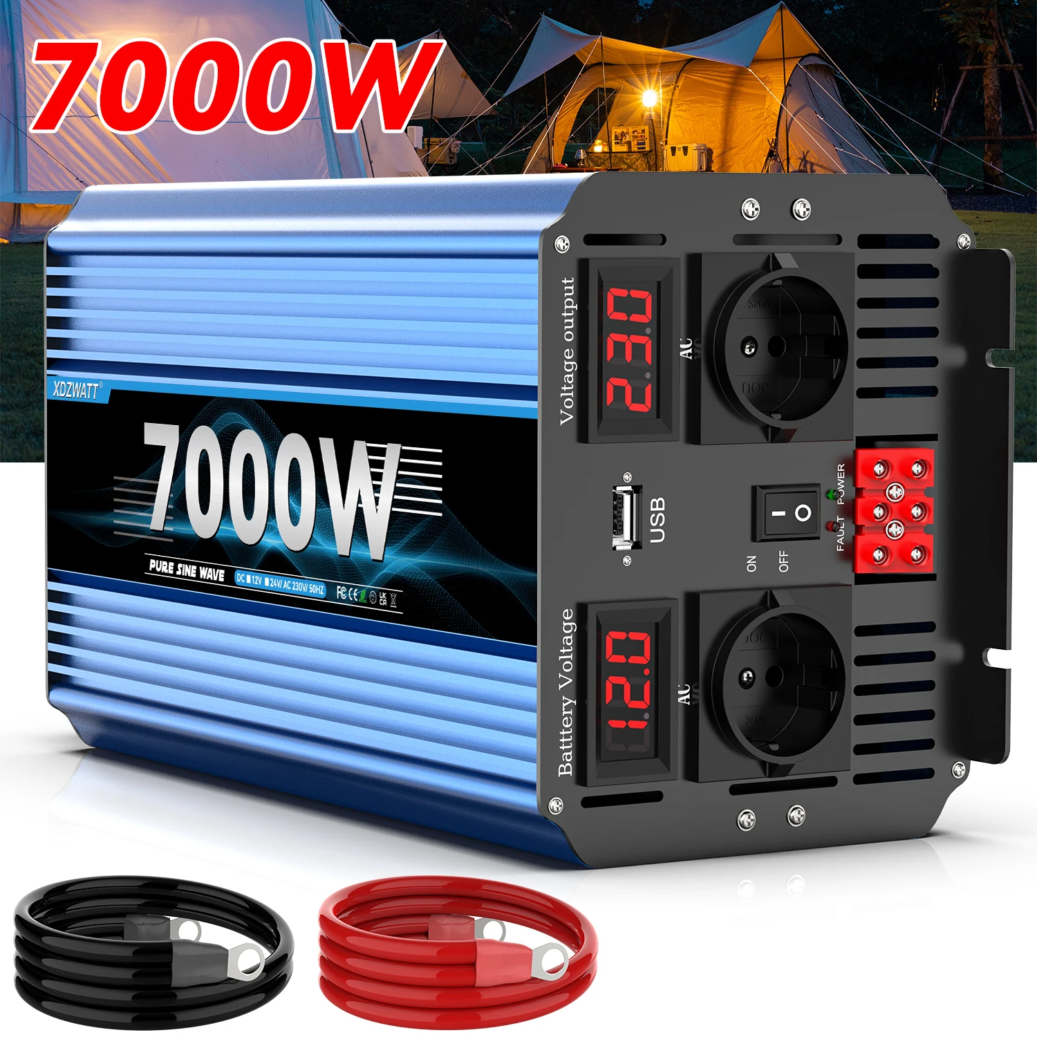 3000W 7000W Voltage converter DC12V 24V to 230V Pure sine wave Inverter EU Socket For Car Battery Solar Panel with USB Port