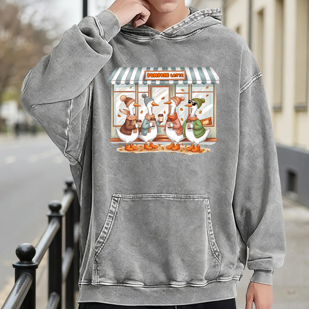 سترة بغطاء للرأس برسومات مغسولة عتيقة للرجال من Winter Geese، بلوفر ريترو المتعثر، سويت شيرت كاجوال ملابس الشارع