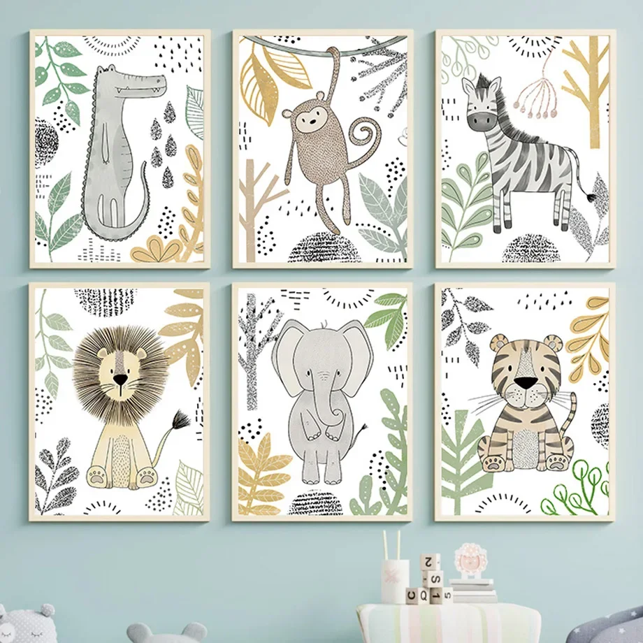 

Jungle Animal Lion Elephant Zebra Giraffe Boho Nursery Posters And Prints Wall Art Canvas Painting Pictures Baby Kids Room Decor
