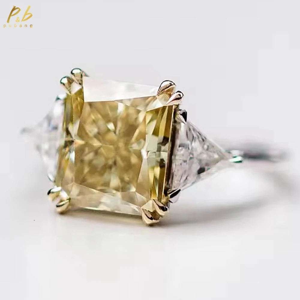 

PuBang Sparkling 3EX VVS1 6 Carat Synthetic Yellow Moissanite Ring Radiant Cut 18k Solid Gold for Woman Wedding Engagement Gifts