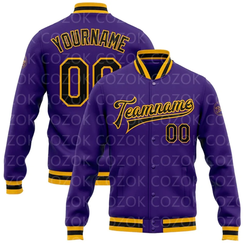 

Custom Purple Gold Yellow 3D Printed Baseball Button Jacket Bomber Full-Snap Varsity Letterman Jacket