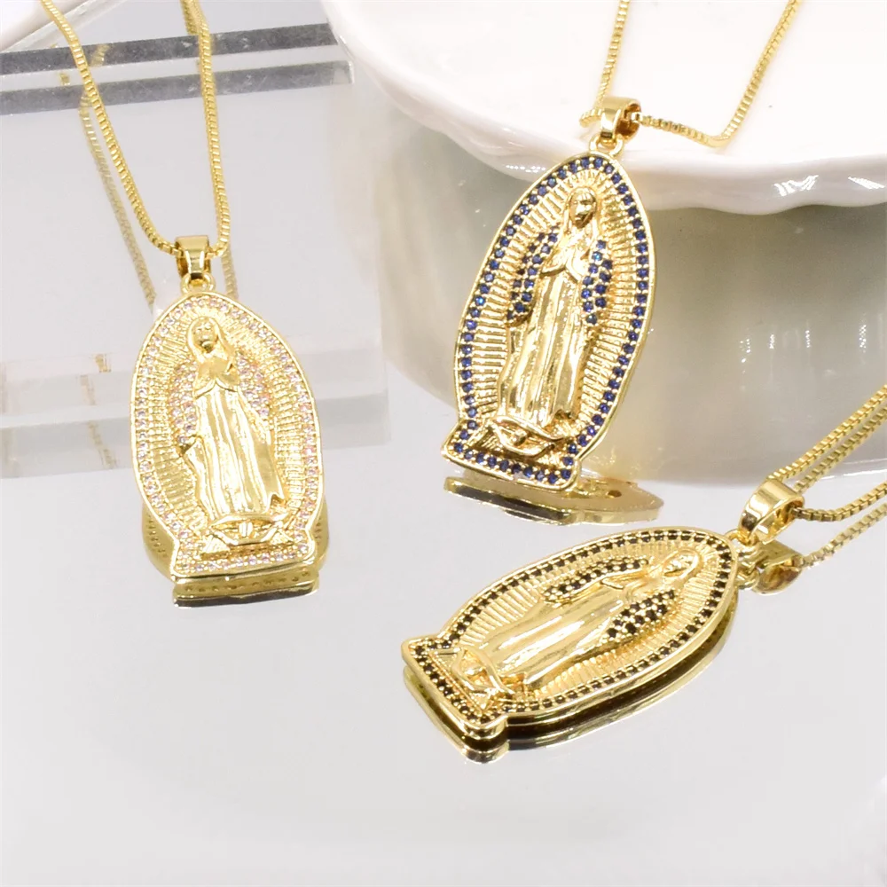 Box Chain Religious Virgin Mary Zirconia Necklace Our Lady of Guadalupe Cubic Zirconia Gold Plated Pendant Jewelry Necklace