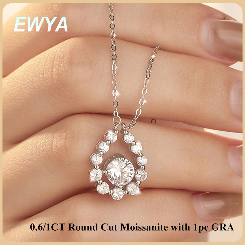 

EWYA Teardrop 0.6CT 1CT Round Cut Moissanite Pendant Necklace for Woman 925 Silver GRA Certified Diamond Lucky Neck Chain Gift