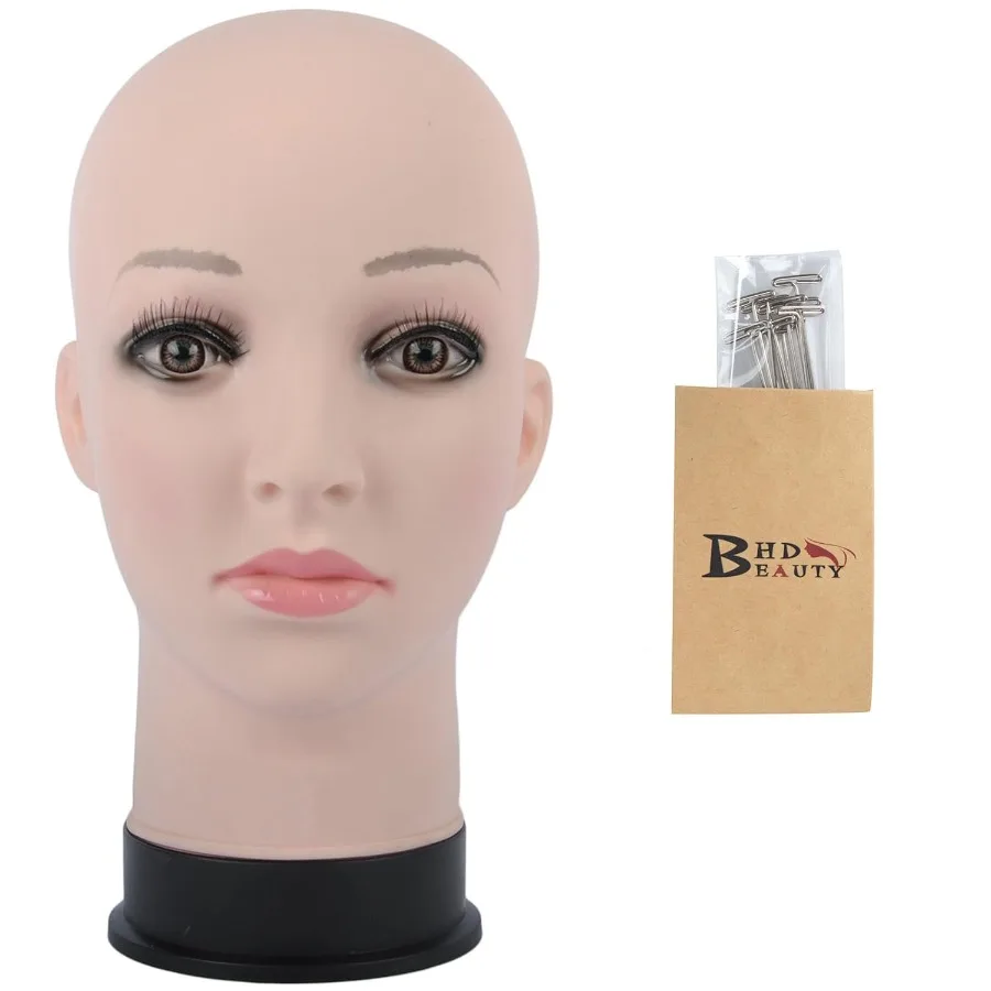 BHD BEAUTY Tête de mannequin chauve beige femme cosmétologie professionnelle pour la fabrication de perruques affichage perruques lunettes cheveux avec épingles en T 2