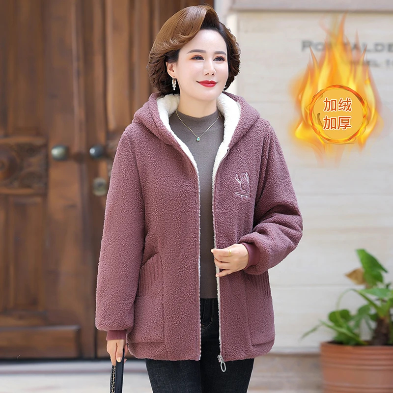 Middle-aged Elderly Womens Lamb Wool Coat Winter Plus Velvet Cotton Jacket Loose Female Hooded Overcoat