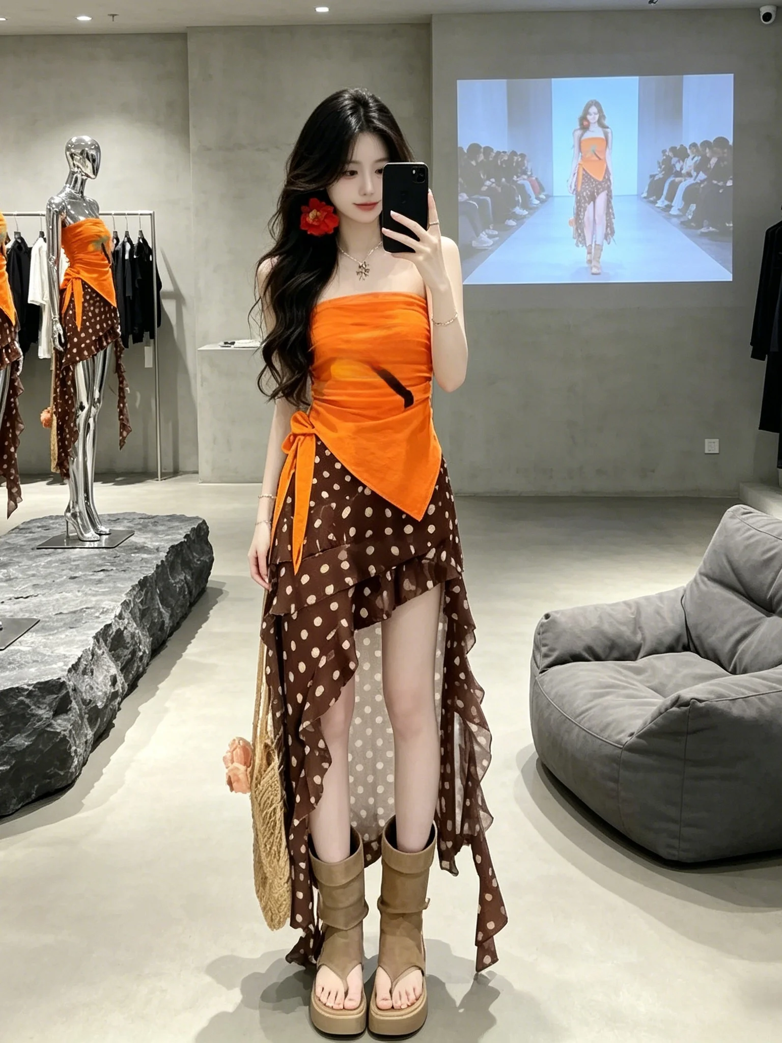 

Dopamine Orange Halter Top And Polka Dot Skirt Two Piece Set Women's Summer Holiday Fashion Ensemble Breathable Casual Wear