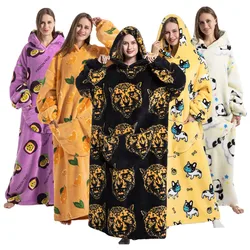 Women Men Wearable Blanket Hoodie Adult's Winter Home Wear Thick Loungewear Plush Flannel Pajamas