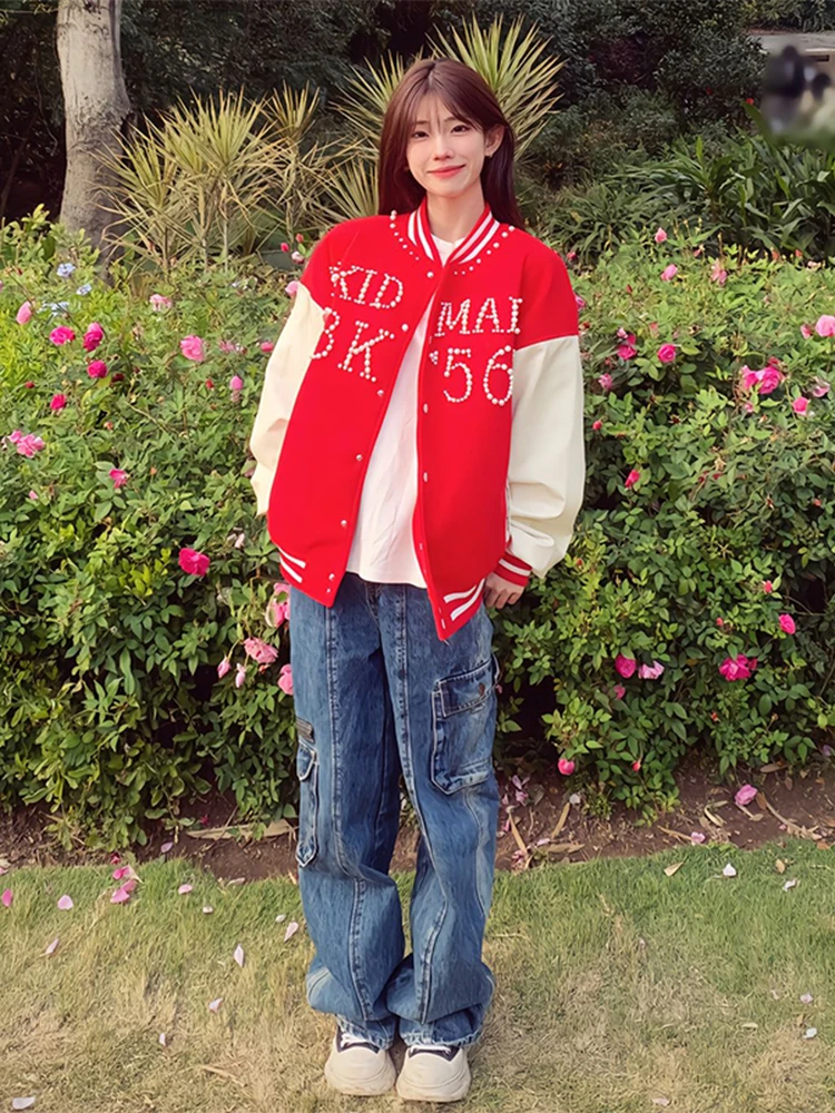 

Red Pearl Embroidery Baseball Jaet Men's Spring Autumn Heavy Splicing Outerwear Premium Feeling Couple's Coat