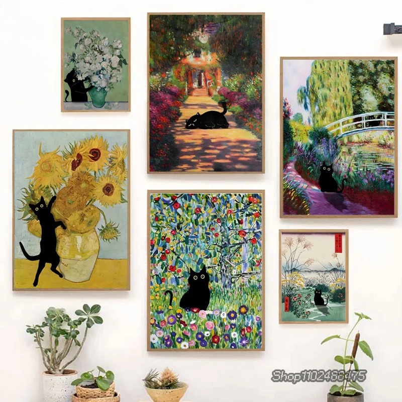 Funny Black Cat World Famous Painter Monet Van Gogh Gustav Masterpiece Artwork Poster Canvas Painting Wall Art Home Room Decor