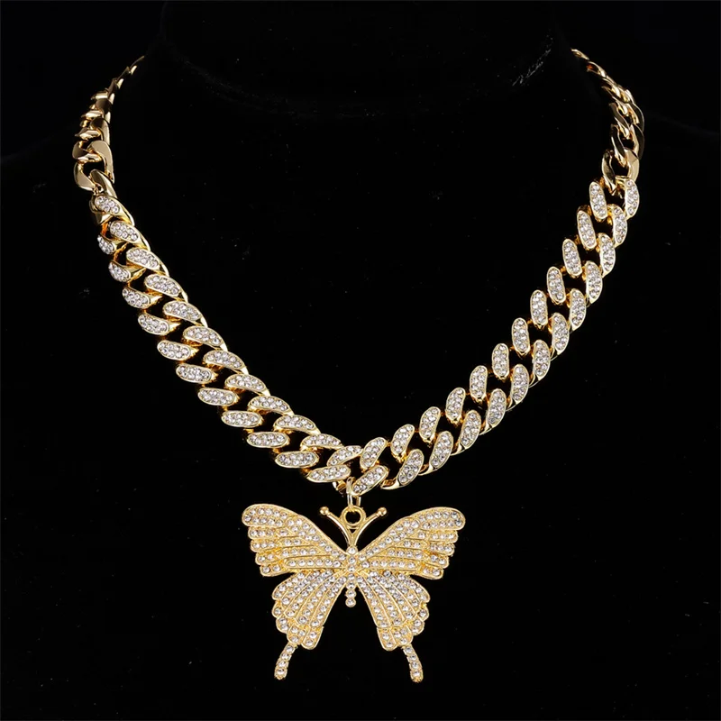 

D&Z Hip Hop New Style Trendy Jewelry 18K Gold Plated 13mm Big Butterfly Charm Cuban Chain Bling Necklaces For Men Women