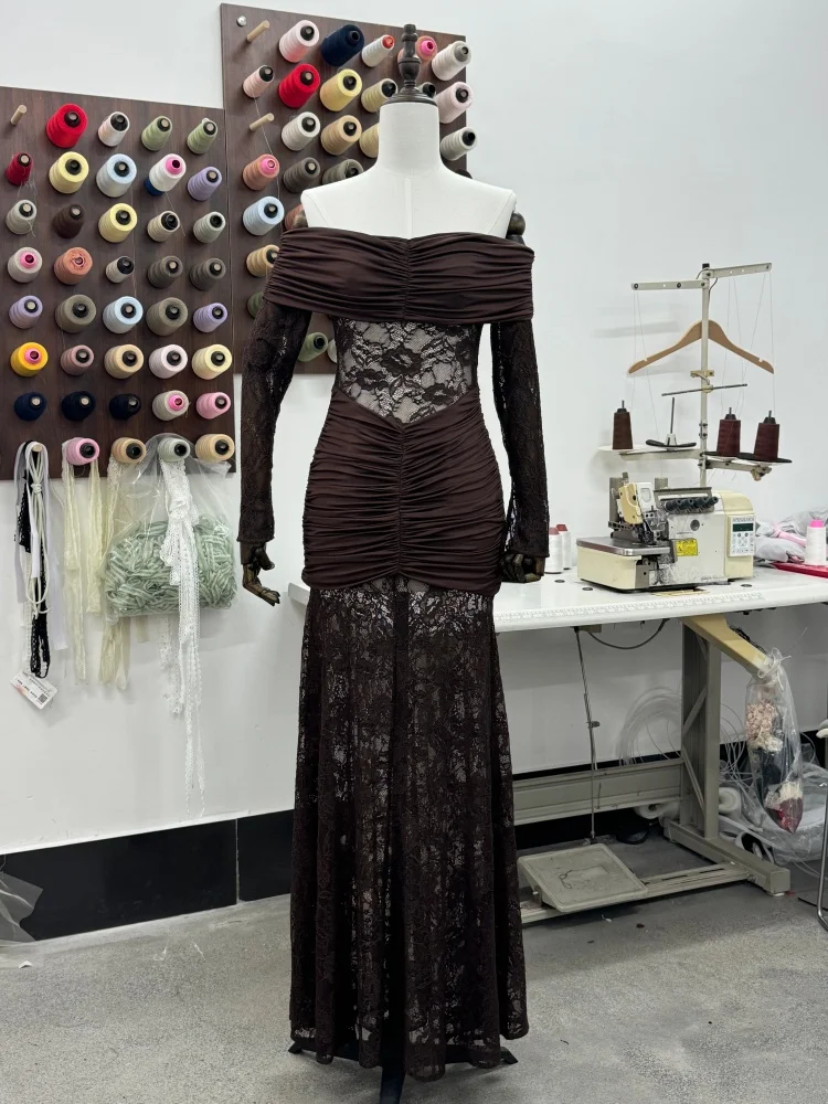 فستان سهرة طويل من الدانتيل بدون أكتاف باللون البني من VC للنساء - فستان حورية البحر مكشكش من الدانتيل الشفاف بأكمام طويلة للحفلات #3