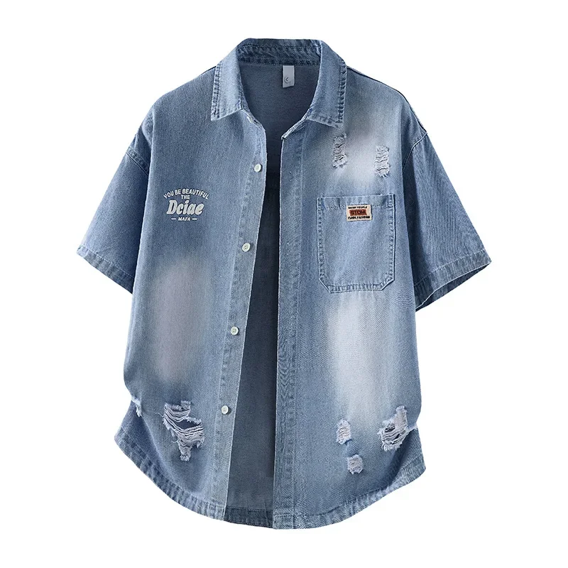 Opening Sale |Men's Casual Black Denim Shirt Short Sleeve Loose Fit Gradient Washed RESPECT Embossed Summer Streetwear Button Up