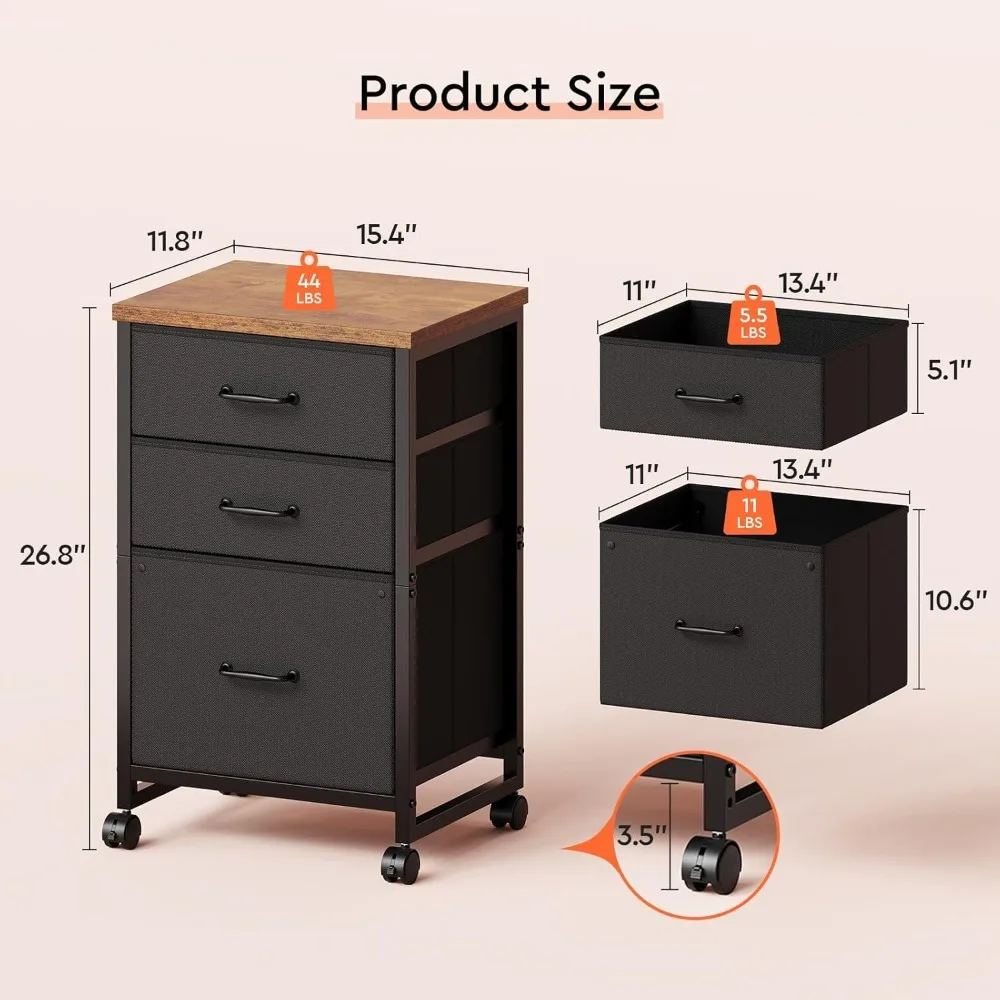 3-Drawer Mobile File Cabinet with Wheels Fabric Vertical Storage for Home Office Rustic Brown