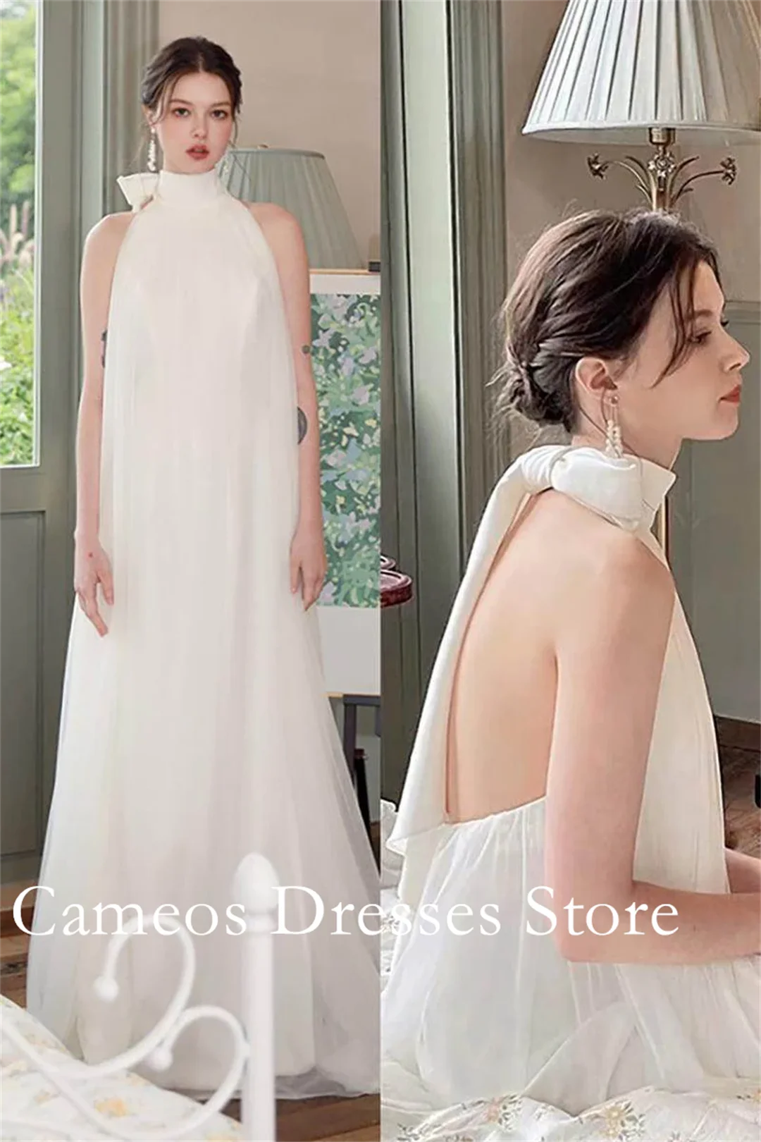 SONDR Customized Halter Neck Backless Wedding Dresses Simple A-Line Tulle Sleeveless Ruched Brides Gowns Women Bridal Dresses