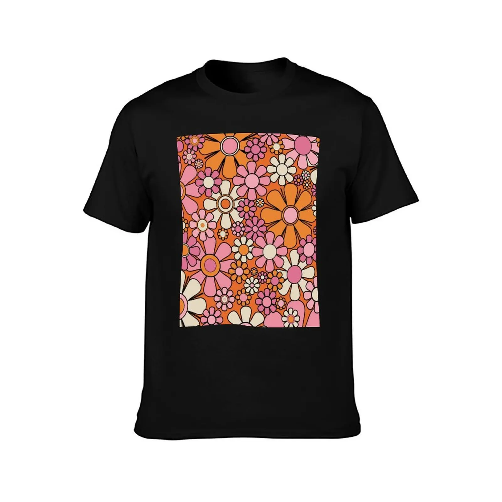 Retro Garden Flowers Groovy 60s 70s Floral Pattern in Thulian Pink, Orange, Cream Beige, and Black T-Shirt