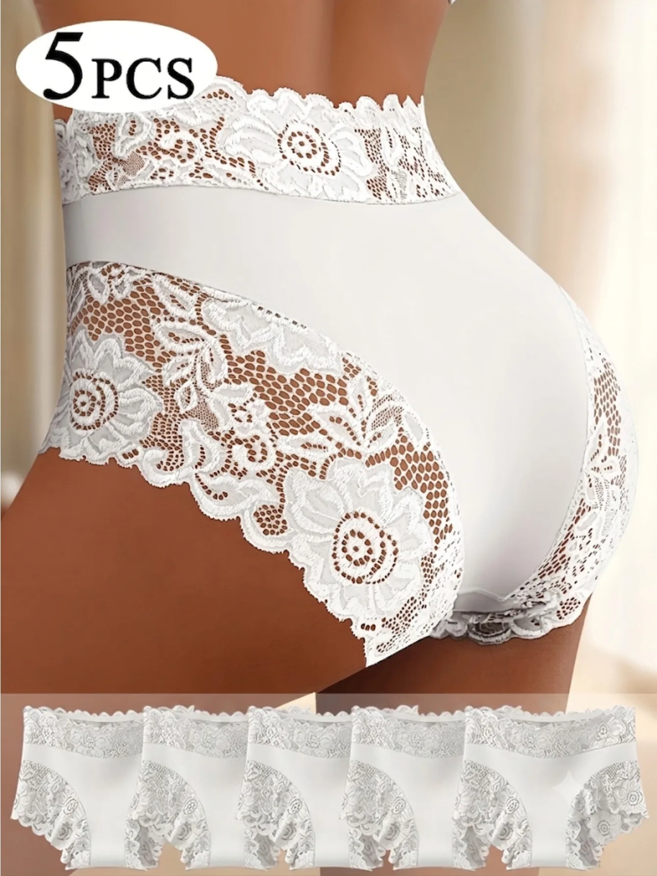5-Pack Women's High-Waisted Briefs with Stitched Sheer Elegant Lace, Wave Edges to Prevent Rolling up