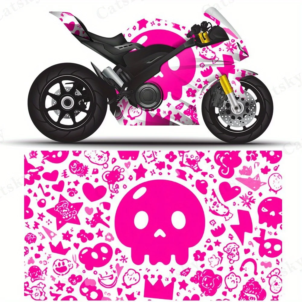 

Cute Pink Skull with Various Motorcycle Film Stickers, Durable PVC Adhesive Decals for Motorcycle Customization, Weather-Resista