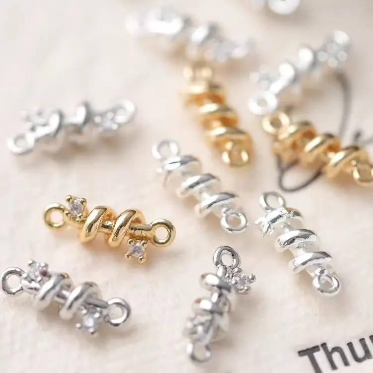 

2PCS DIY Handmade Accessory Copper-Plated Real Gold Spiral Twisted Zircon Double Hanging Connecting Rods 13.2x4mm