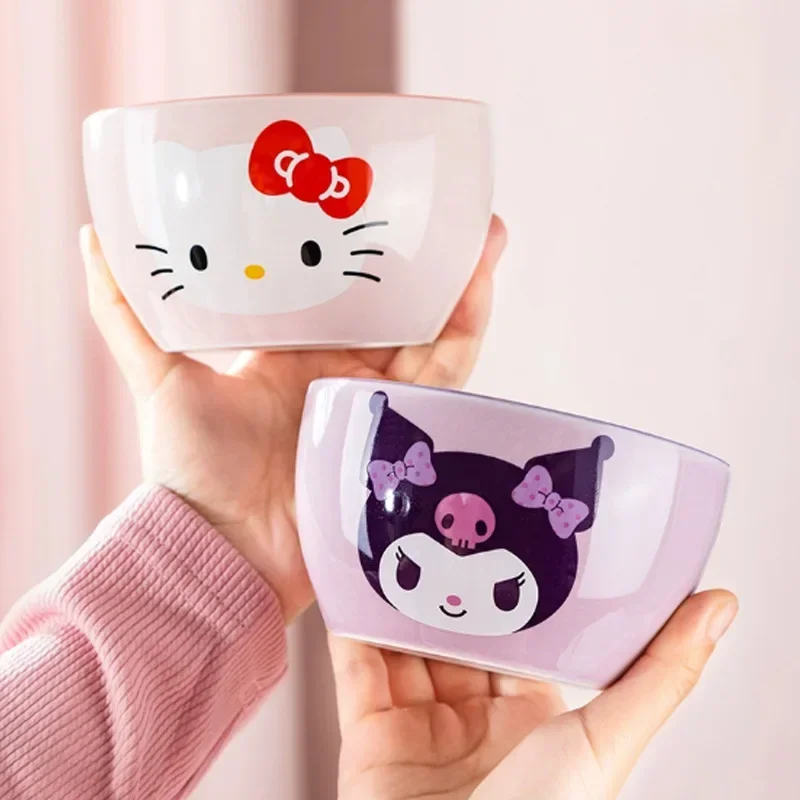 Hello Kitty ถ้วยเซรามิก Kawaii SANRIO Cinnamoroll ลายการ์ตูนน่ารัก Kuromi ช้อนส้อมบ้านชามข้าวของขวัญสำหรับเด็กผู้หญิง