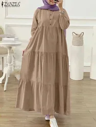 ZANZEA O Neck Casual Loose Maxi Dress Tiered Islamic Hijab Women Long Sleeve Long Vestidos Muslim Fashion Autumn Abaya Robes