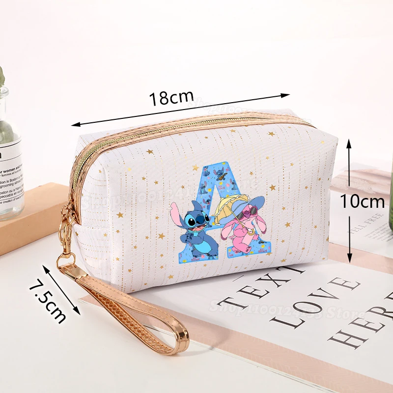 Stitch Angel Woman Cosmetic Bag Girl Meteor Stamping Letters A-Z Anime Cute Female Kawaii Zipper Makeup Toiletry Storage Bag Kid