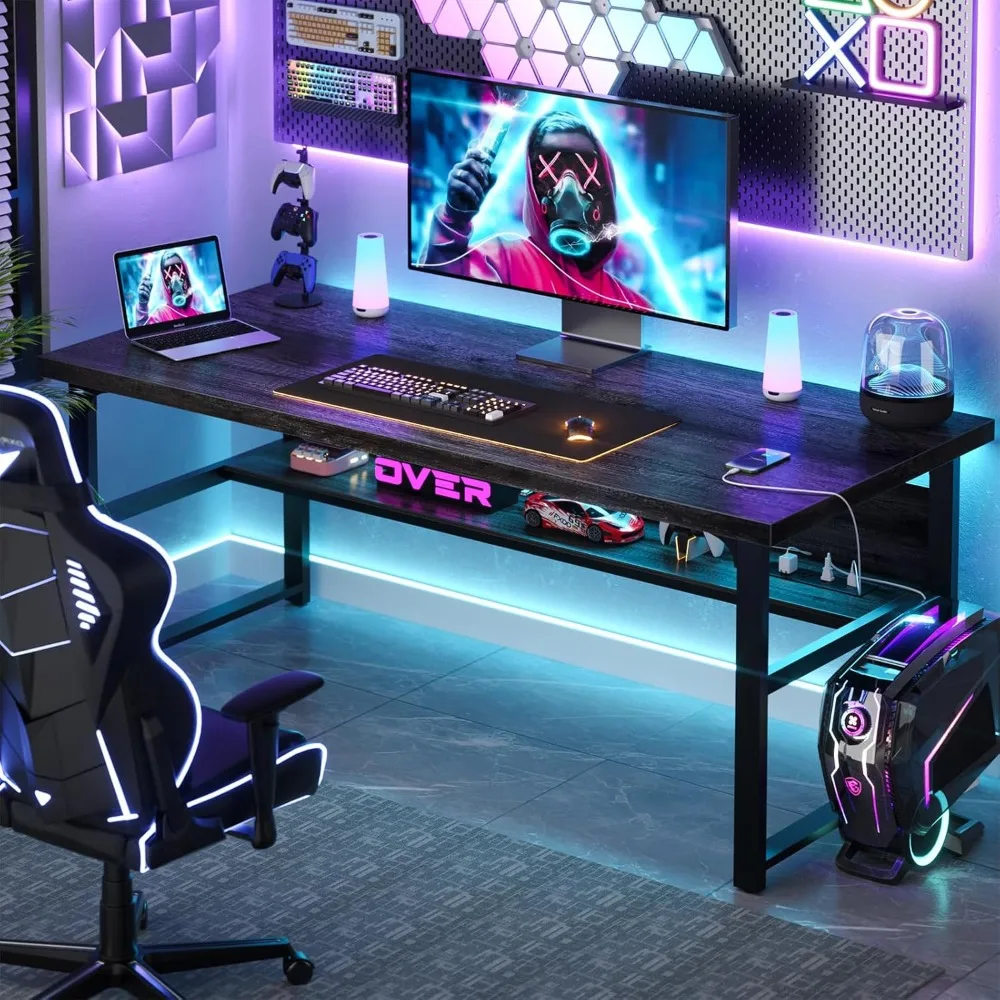 53 Inch Desk with Power Outlets and USB Ports, Computer Desk with 1.4 Inch Thicker Desktop, Heavy Duty Study Writing Table with