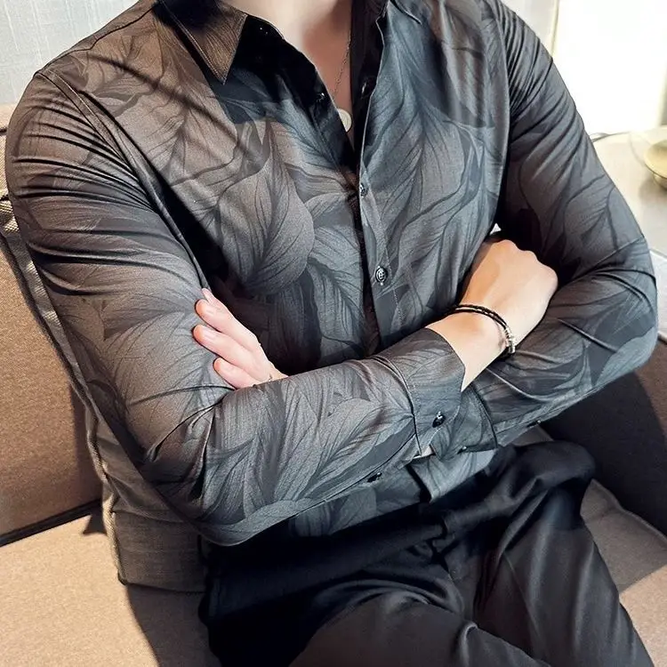 Men's Fashion High-End New Long Sleeve Casual Korean Style Personalized Slim Fit Print Hipster Trendy Shirt