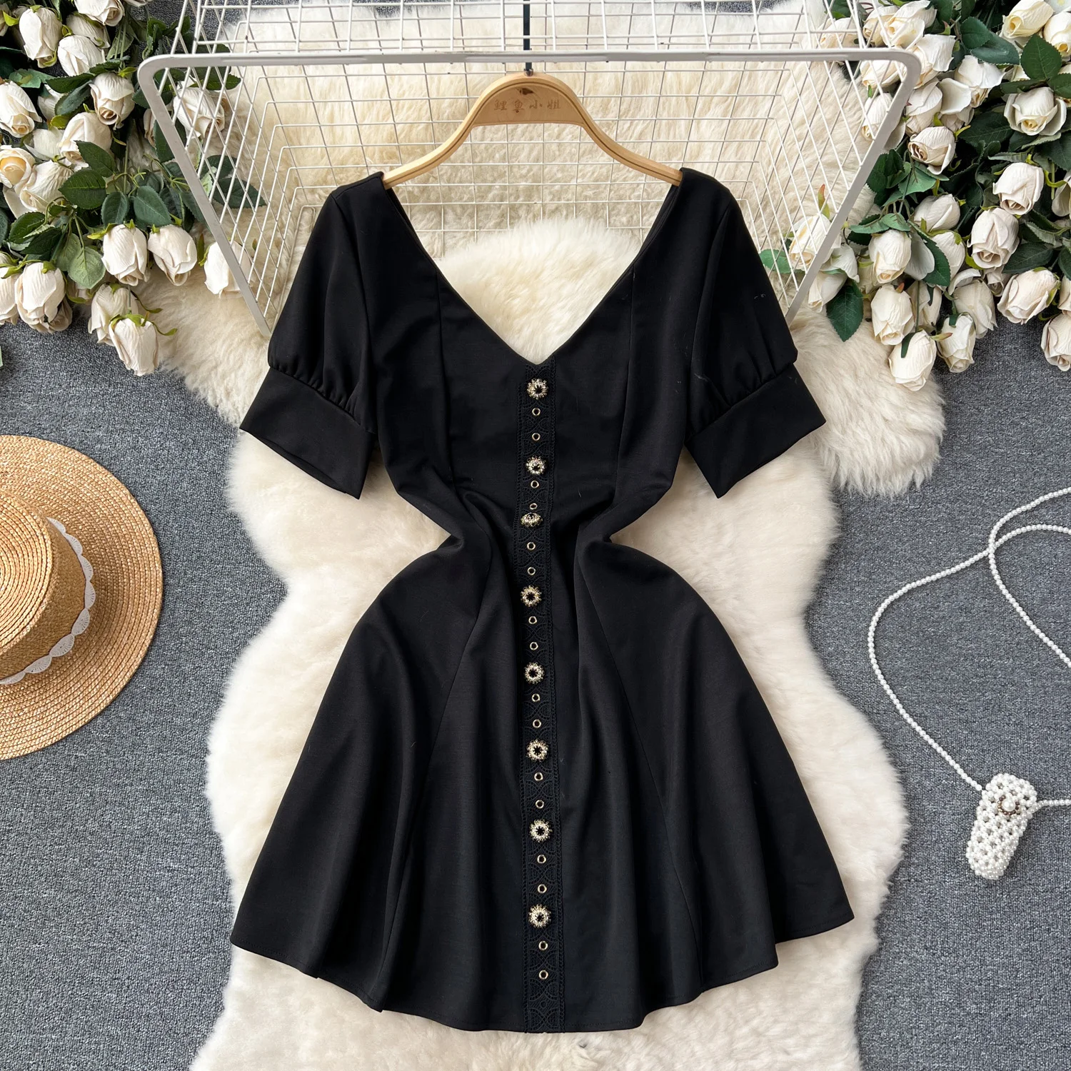 

Summer Short Black Dress for Women Puff Sleeve Waist Hem Vestidos Female Breasted Deep V-Neck Ruched Party Traf New In 2024