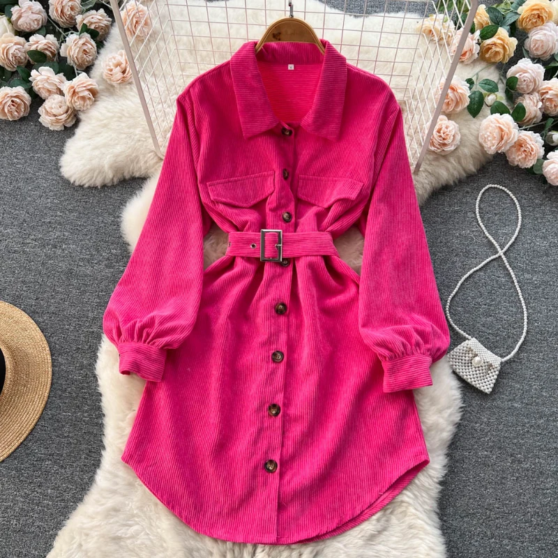 Women Autumn Elegant Corduroy Shirt Dress with Belt 2024 Female Full Sleeved Single Breasted Slim Waist A-line Midi Dresses