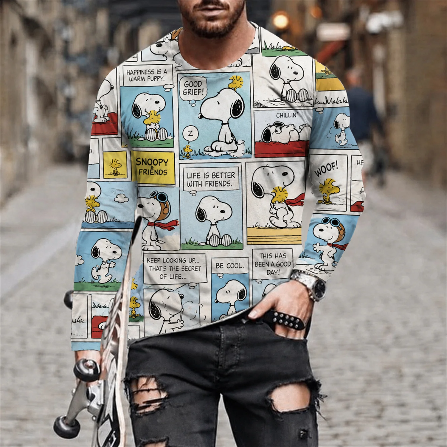 Herren Snoopy Woodstock Langarm-T-Shirt Peanuts Cartoon Grafik-T-Shirt Y2K Streetwear Casual Top – Detail 6