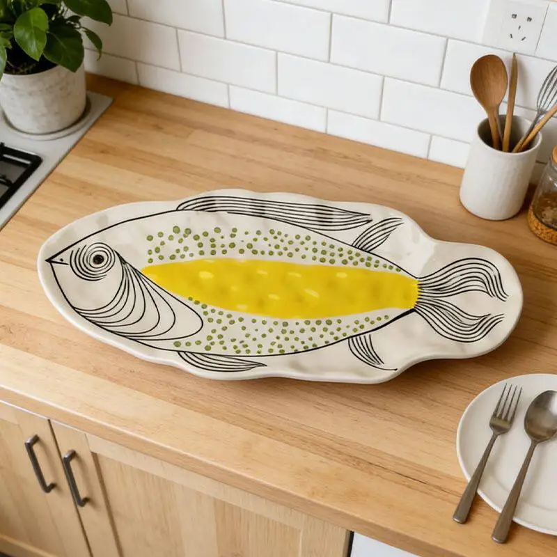 Ceramic Fish Plate Phnom Penh Green Creative Fish Shaped Porcelain Plate Household Salad Dessert Long Dish Kitchen Tableware