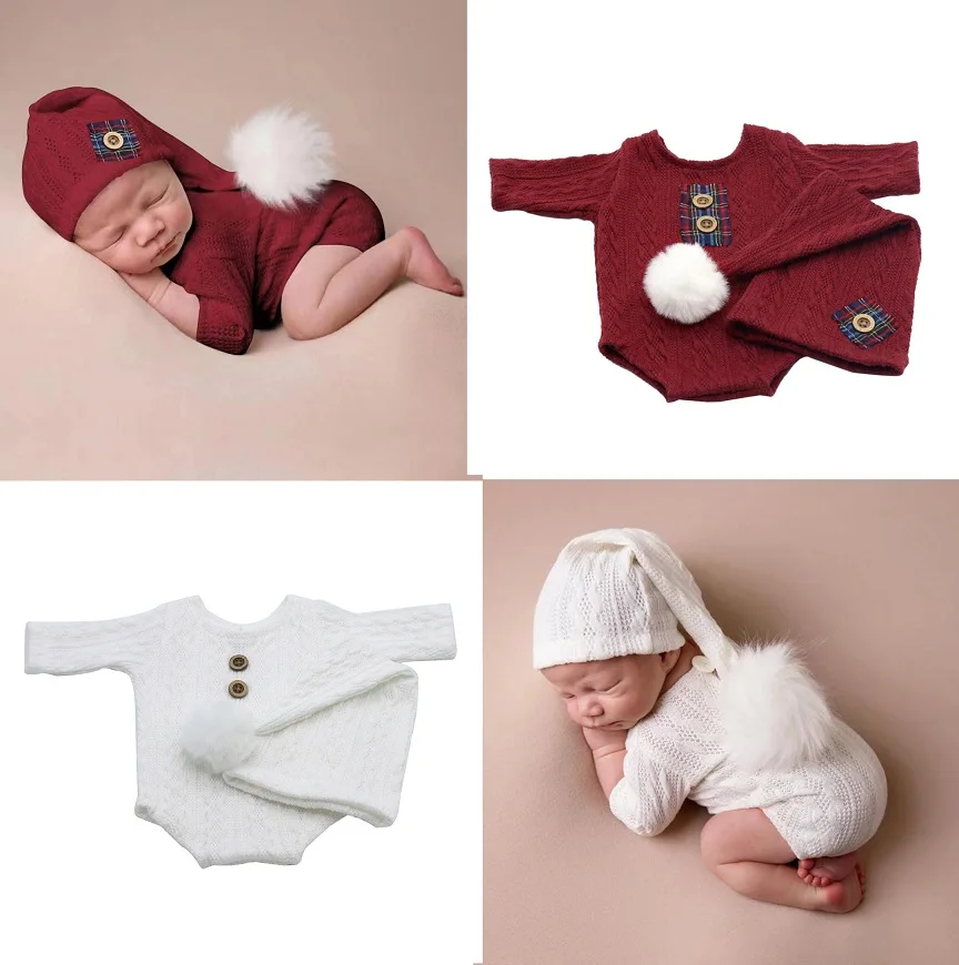 Baby Outfit Newborn Photography Props Baby Photo Fur Ball Hat Jumpsuit Romper Christmas Photography Clothing