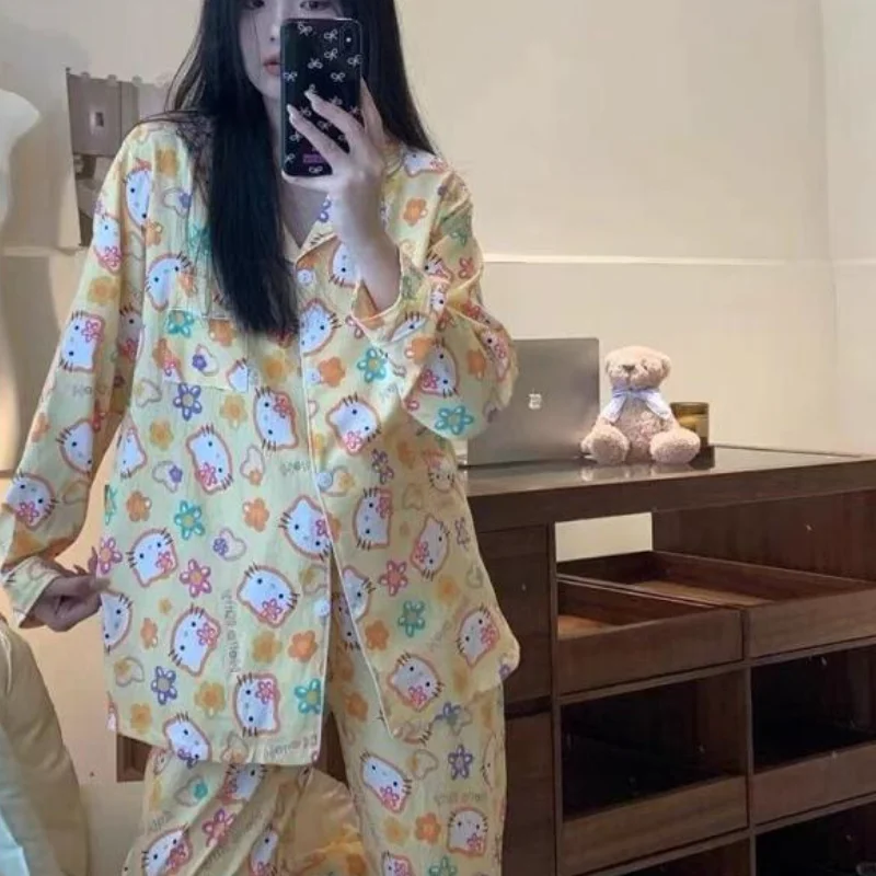 

Sanrio Hello Kitty Pajamas Cartoon Womens Home Outdoor Wear Yellow Spring Autumn New Cute Long Sleeve Long Pants Sleepwear Set