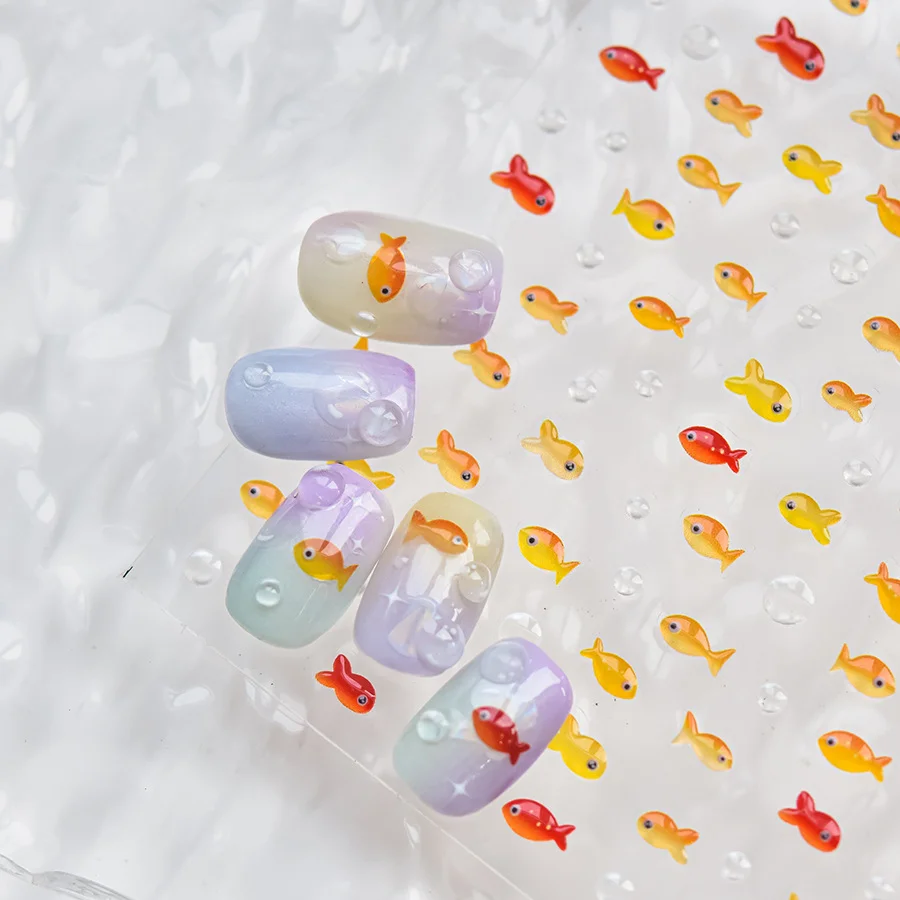 1pcs  Jelly Summer Goldfish Carp Ocean Beach Mermaid Sea Shiny Small Koi Soft Relief Nail Art Stickers Manicure Decals