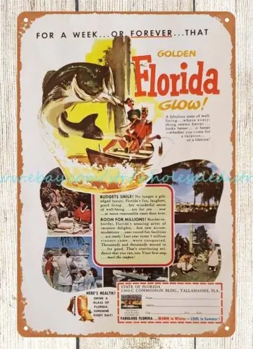 1954 Travel STATE OF FLORIDA Golden Glow Vacation Tourism metal tin sign