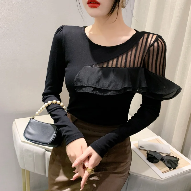 #8607 Black Red Split Joint Mesh Hollow Out Ruffles Short T Shirt Women Long Sleeve Sexy Tight Tee Shirts Femme Irregular Tshirt