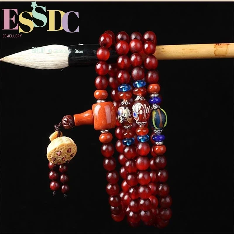 Classic Original Design Tibetan Natural Red Sheep Horn 108 Beads Bracelet with Lotus Pendant Mala for Fashion Women Wholesale