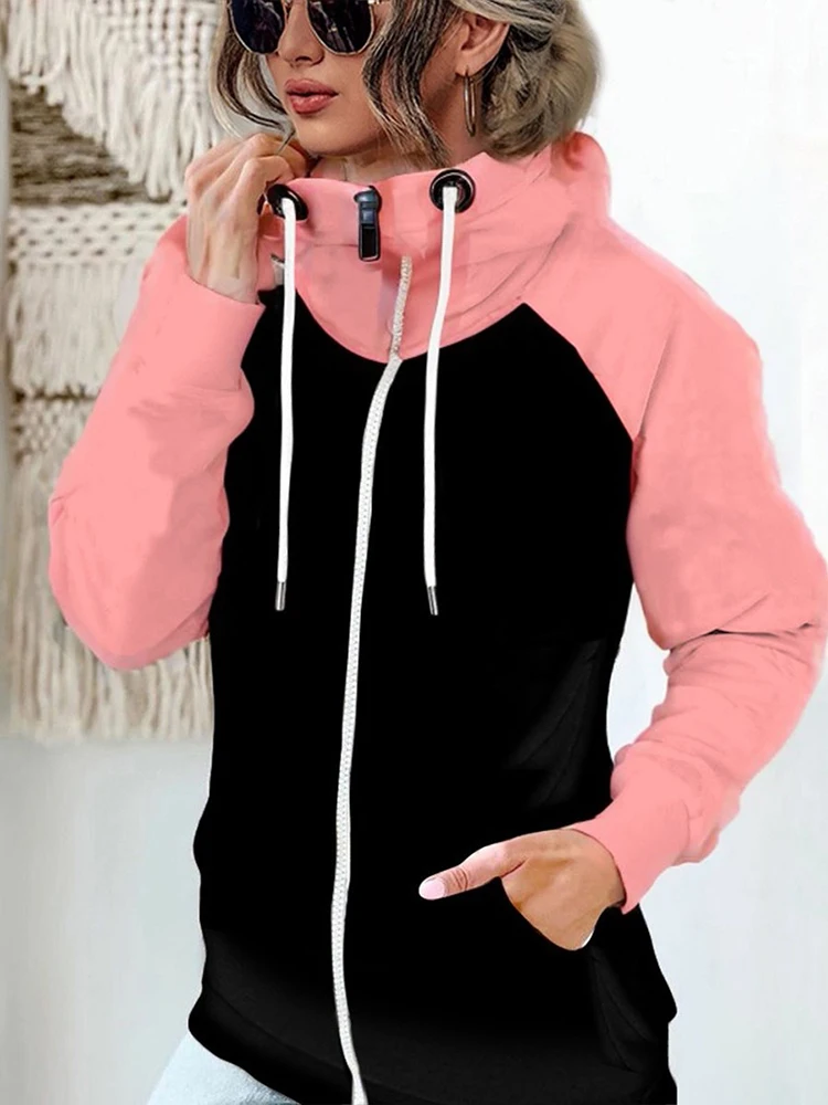 Inverno plus size contraste cor zíper com capuz moletom feminino grosso térmico retalhos mulher bolsos com capuz cordão senhora casacos