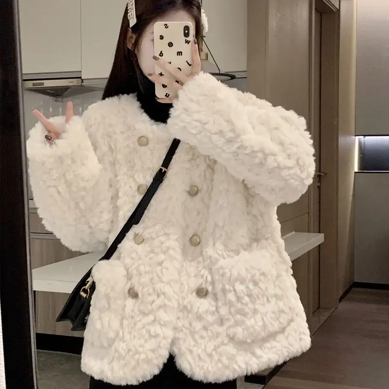 

Korean Fashion Pocket Small Fragrant Lamb Fleece Coat Women's Hoodie Winter New Small Loose Thickened Top Sweatshirt Clothes