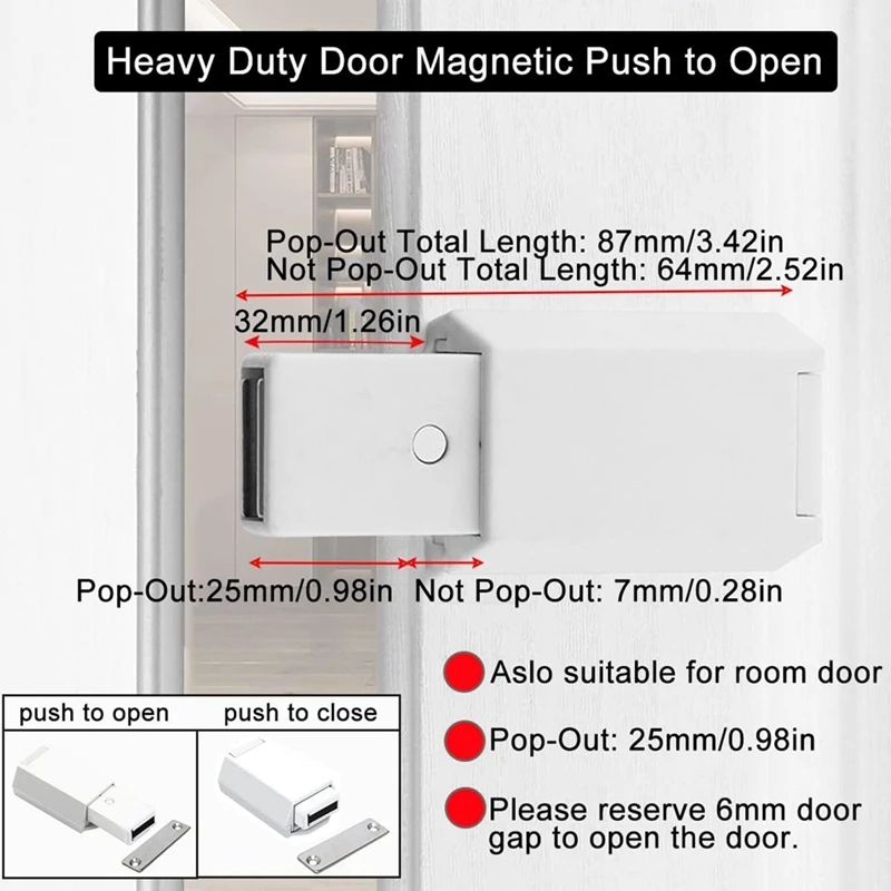 2 Pack Heavy Duty Push Latch & Lock For  Door Touch Latches And Catch Magnet Push Release Drawer Pull Tip, White Durable
