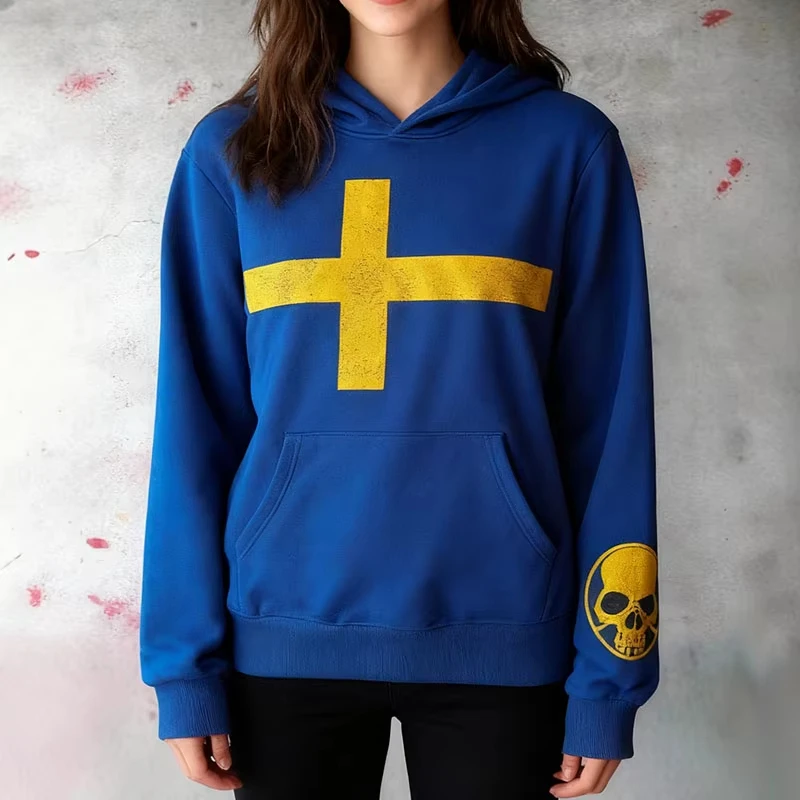 Amerikanischer Gothic Hip Hop Rock Harajuku Langarm-Hoodie Vintage Kontrast High Street Fashion Totenkopf-Kreuz-Druck Lässiger Mantel – Detail 4