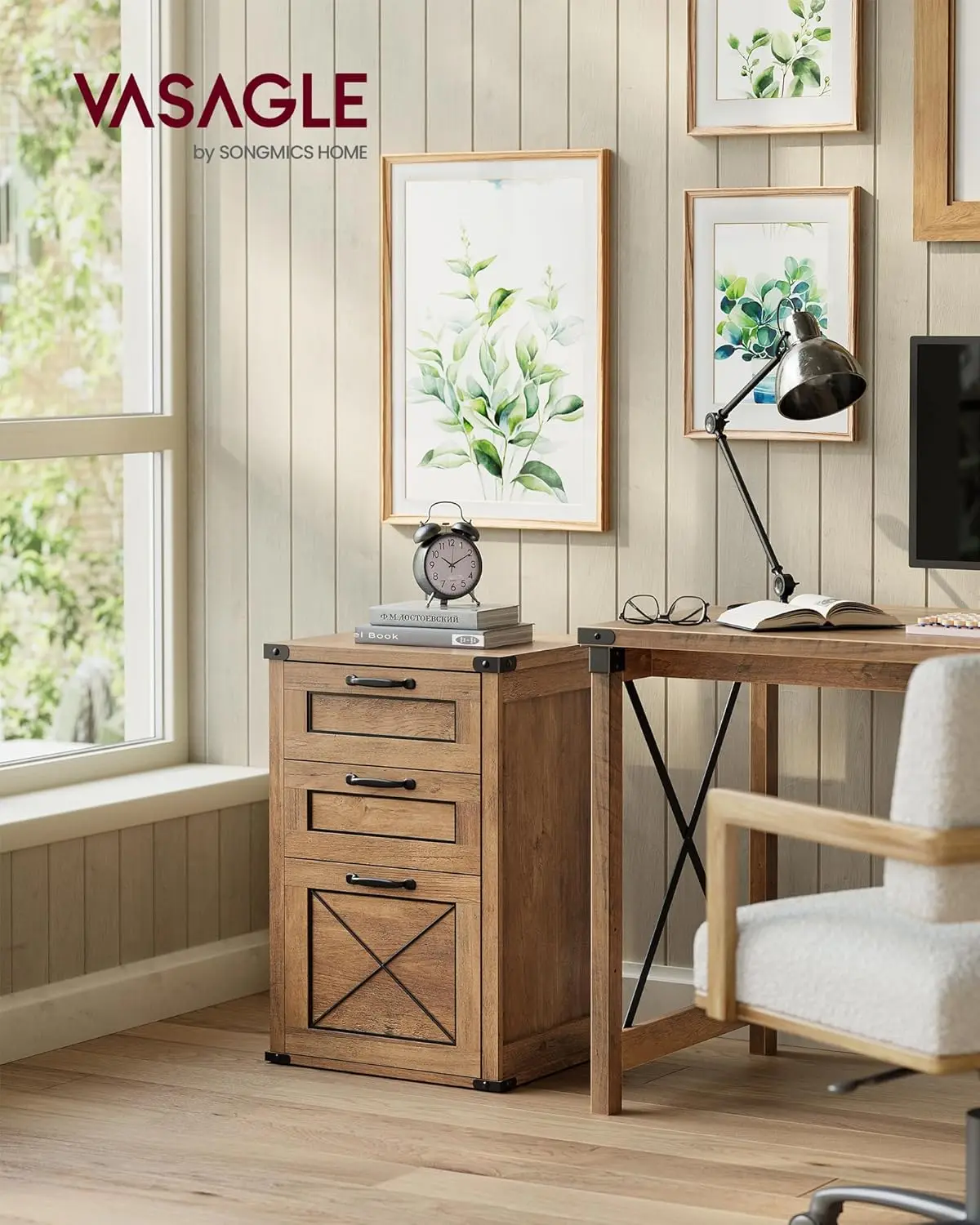 File Cabinet, Filing Cabinet with 3 Drawers, Printer Stand, Fit A4, Letter Size, Hanging File Folders, Modern Farmhouse Style, f