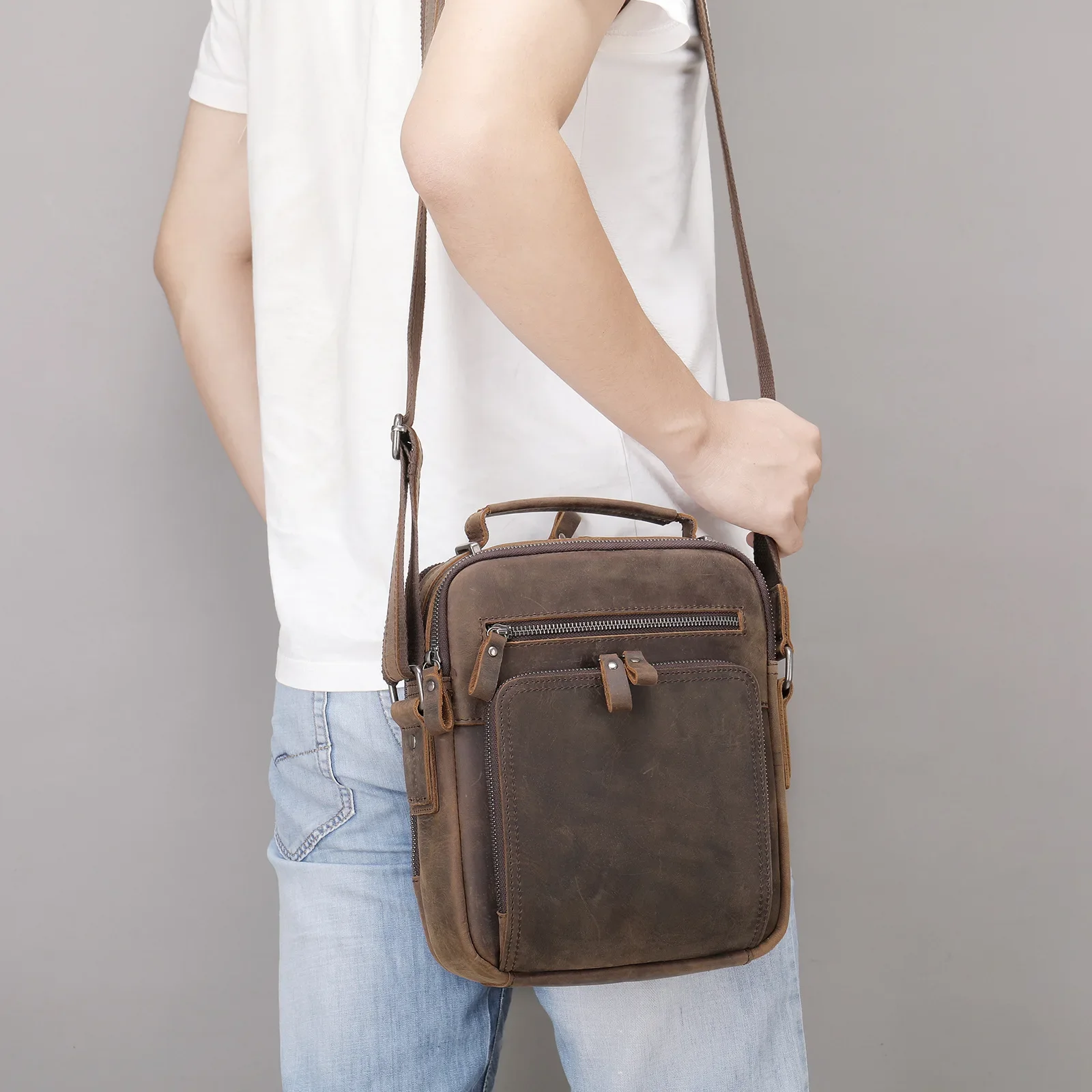 Imagem -04 - Mala de Ombro de Couro Louca Masculina Bolsa Vintage Mensageiro Casual Bolsa Tiracolo de Alta Qualidade Nova 2023