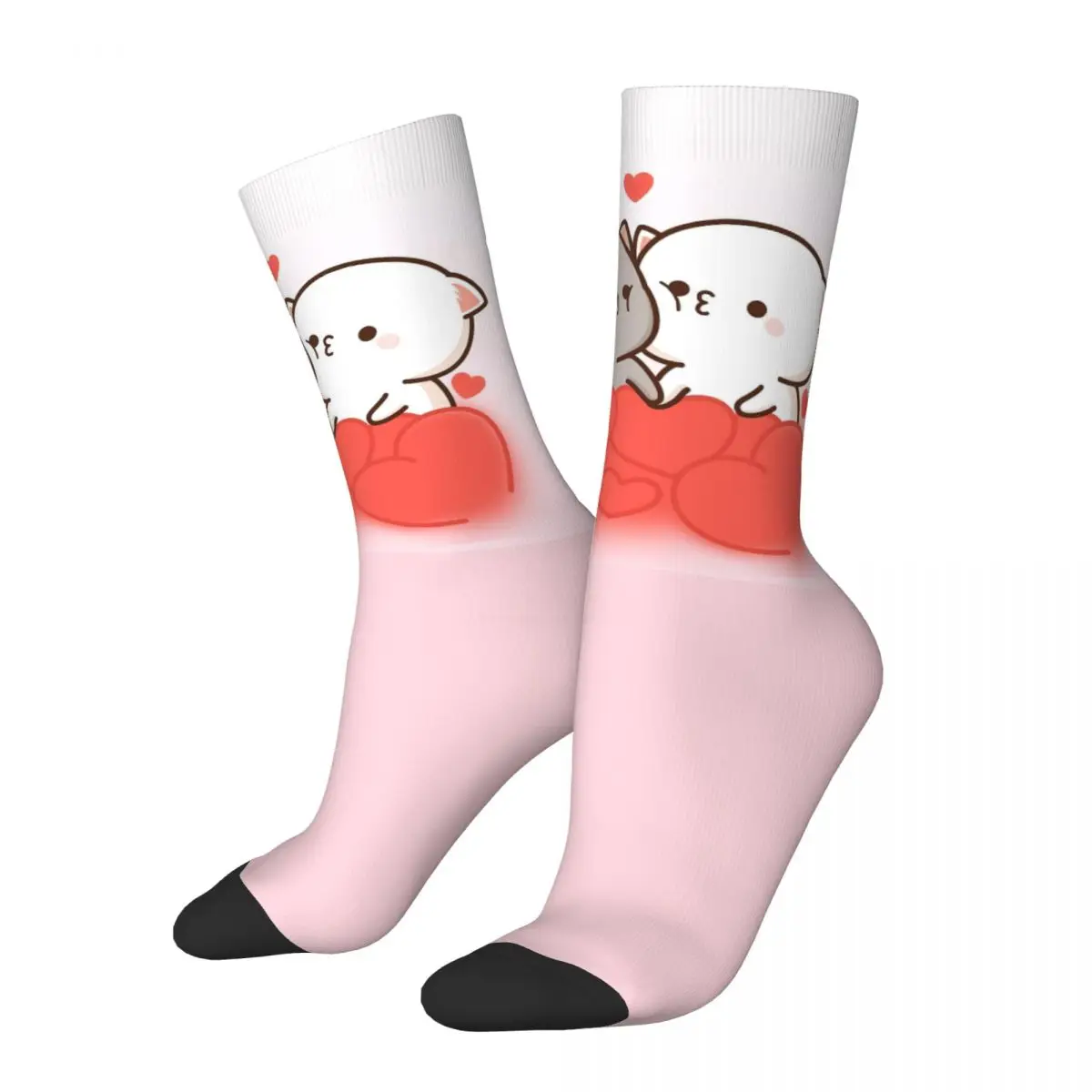 Retro Cute Peach And Goma Love Basketball Socks Cartoon Mocha Mochi Cat Polyester Middle Tube Socks for Unisex Sweat Absorbing