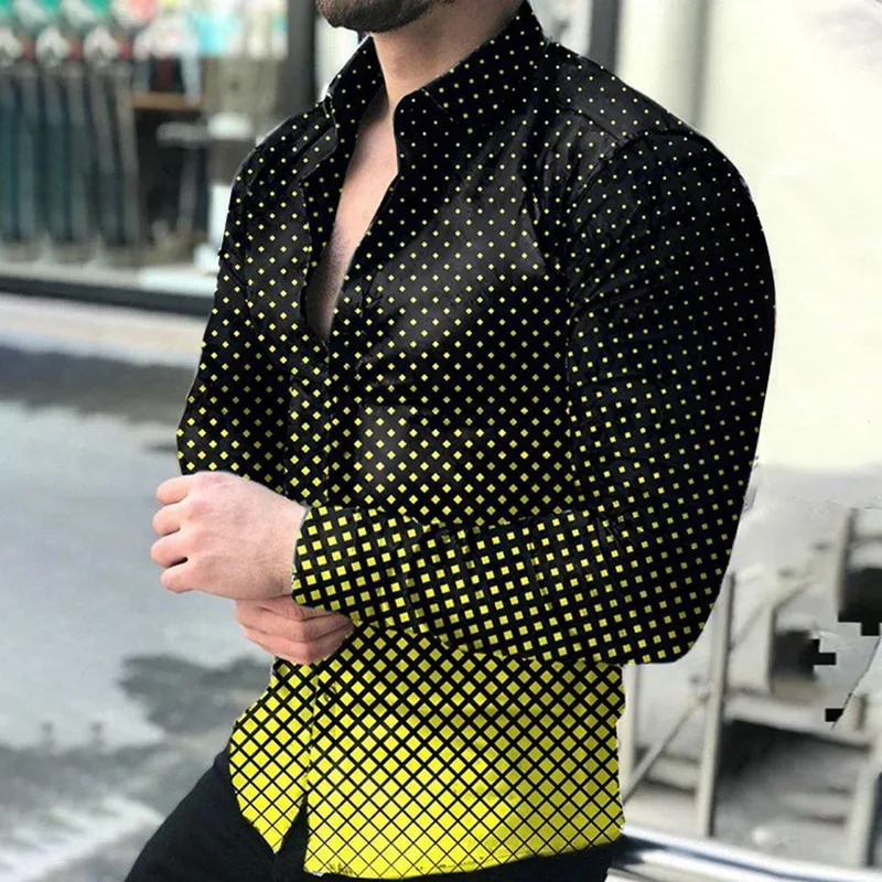 Camisa informal versátil para hombre, camisa de calle de moda, solapa de un solo pecho, manga larga, geométrica, simple