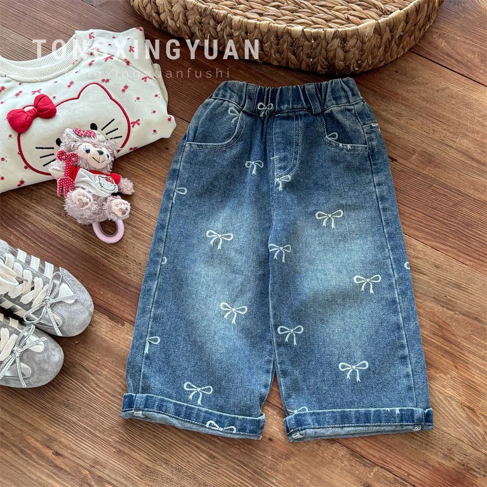 Girls' Korean Jeans Autumn Wear Foreign Style Bow Printed Straight Pants Children's Versatile Pants Autumn