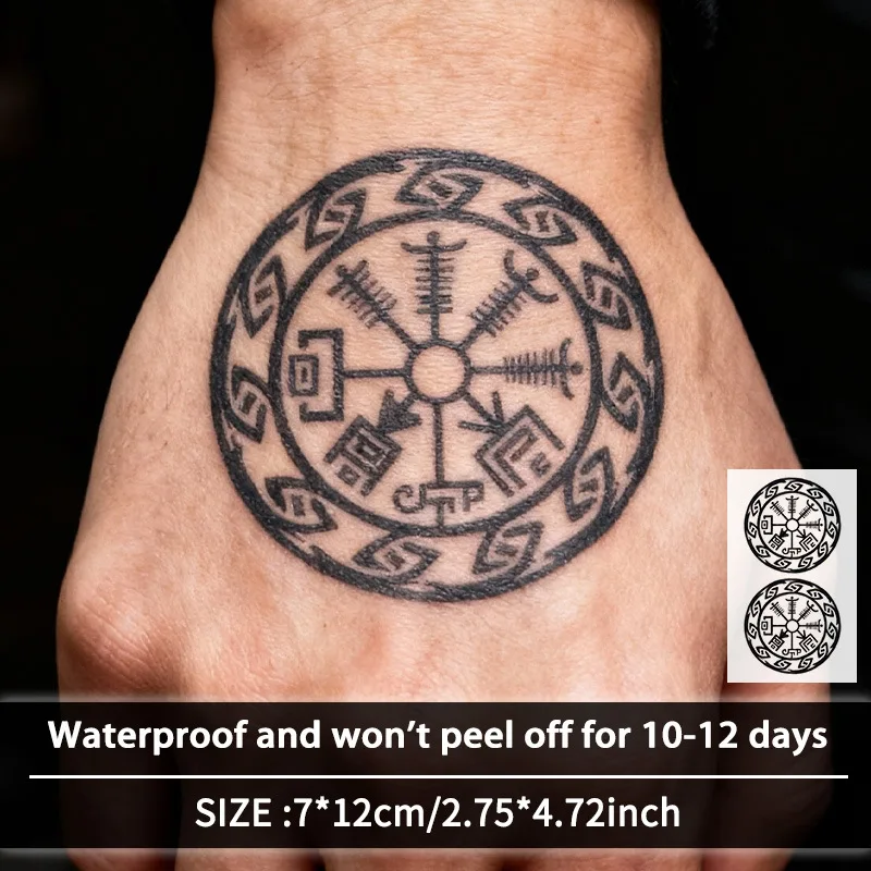 1-Pack Viking Thunder God Hammer Tattoo Sticker Black round Niche Decal Permanent Herbal Juice Paper Realistic Scar Covering Sem